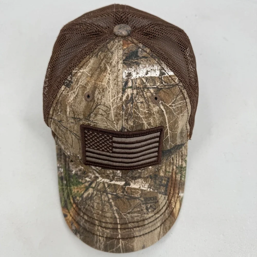 Outdoor Cap Trucker Hat Mens OSFM Camo American‎ Flag Patch Mesh Back Realtree